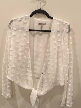 BCBGeneration White Sheer Pom-Pom Tie Blouse